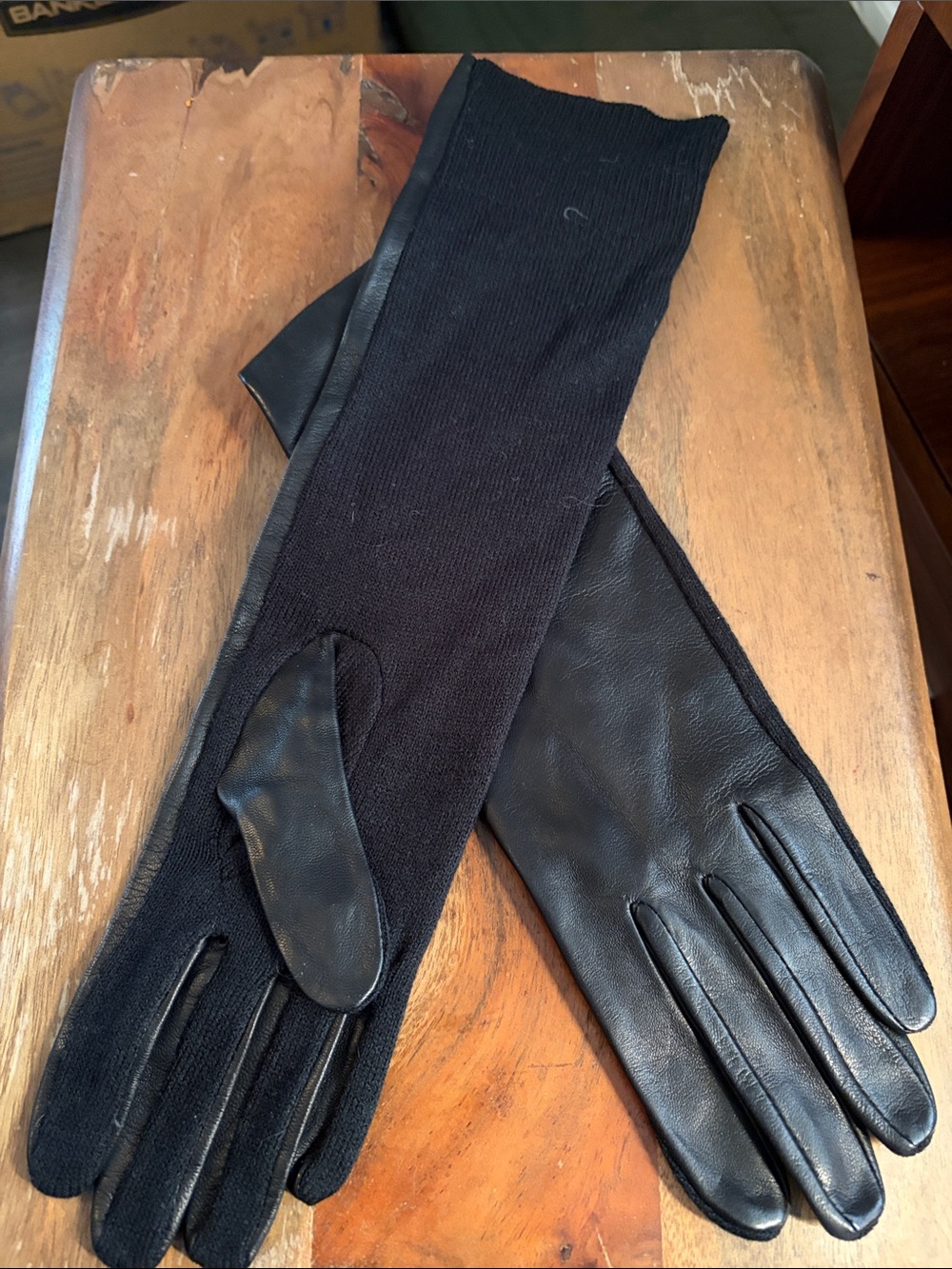 Ann Taylor LONG 100% Sheep Leather/Knit Black GLOVES Size S/M NWOT
